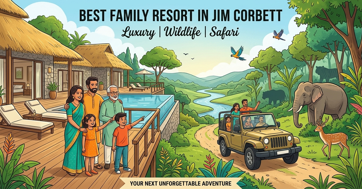 Happy family enjoying a luxury resort in Jim Corbett with safari adventure, wildlife, and nature views, highlighting the best family resort experience.