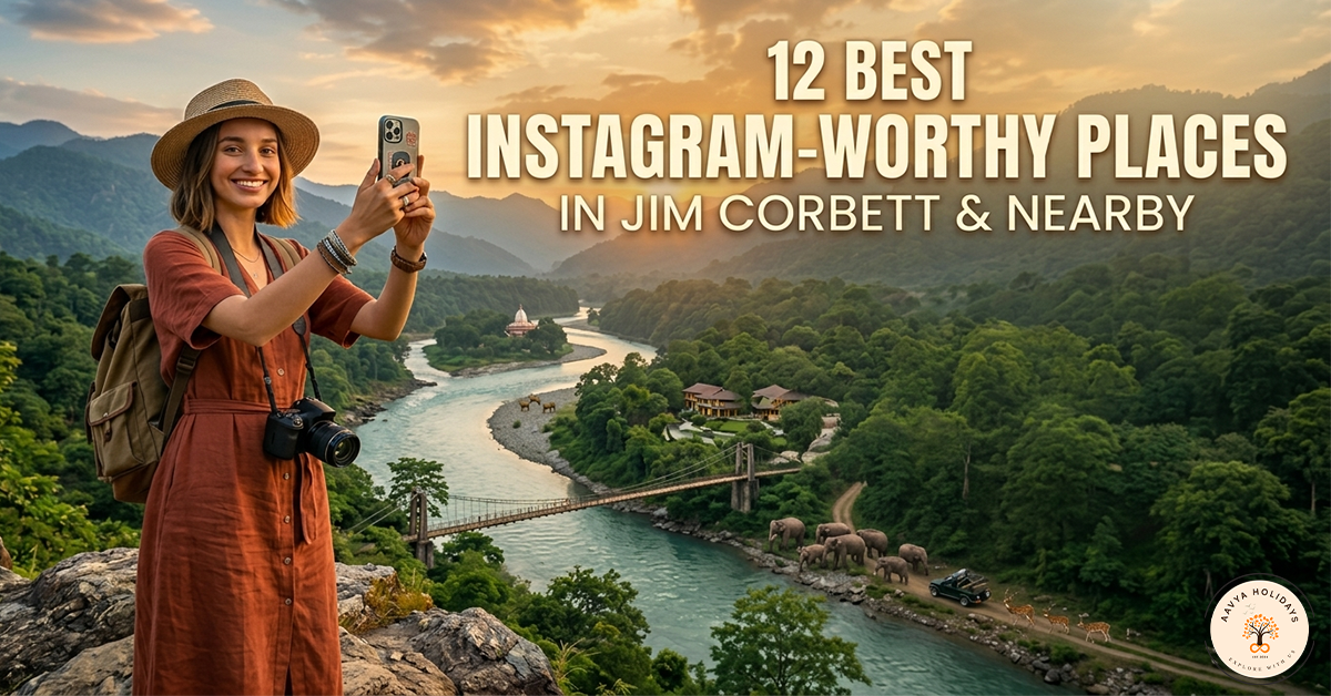 Woman capturing a scenic view of the Jim Corbett National Park landscape with a camera, surrounded by lush greenery, mountains, a river, and elephants. Featured in the top 12 Instagram-worthy places near Jim Corbett.