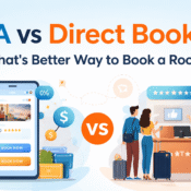 OTA vs Direct Booking: A comparison between online travel agencies (OTA) and direct hotel bookings with visuals of mobile app and hotel desk.