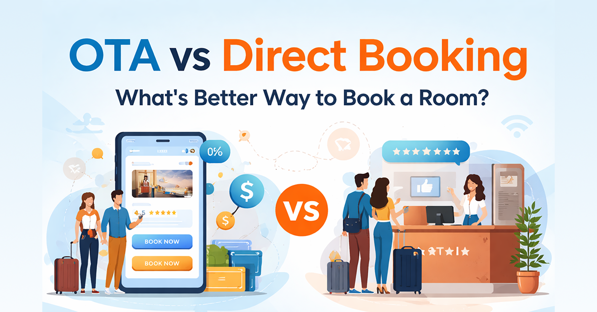OTA vs Direct Booking: A comparison between online travel agencies (OTA) and direct hotel bookings with visuals of mobile app and hotel desk.