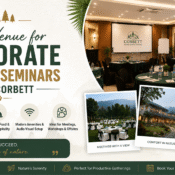 Spacious conference hall at Corbett resort in Uttarakhand, ideal for corporate events, seminars, workshops, and offsite meetings, with modern amenities and scenic natural surroundings