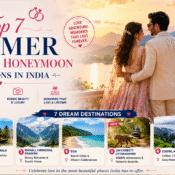 Travel infographic of 7 dream wedding and honeymoon destinations in India with a romantic couple and scenic views of lakes, mountains, and beaches.