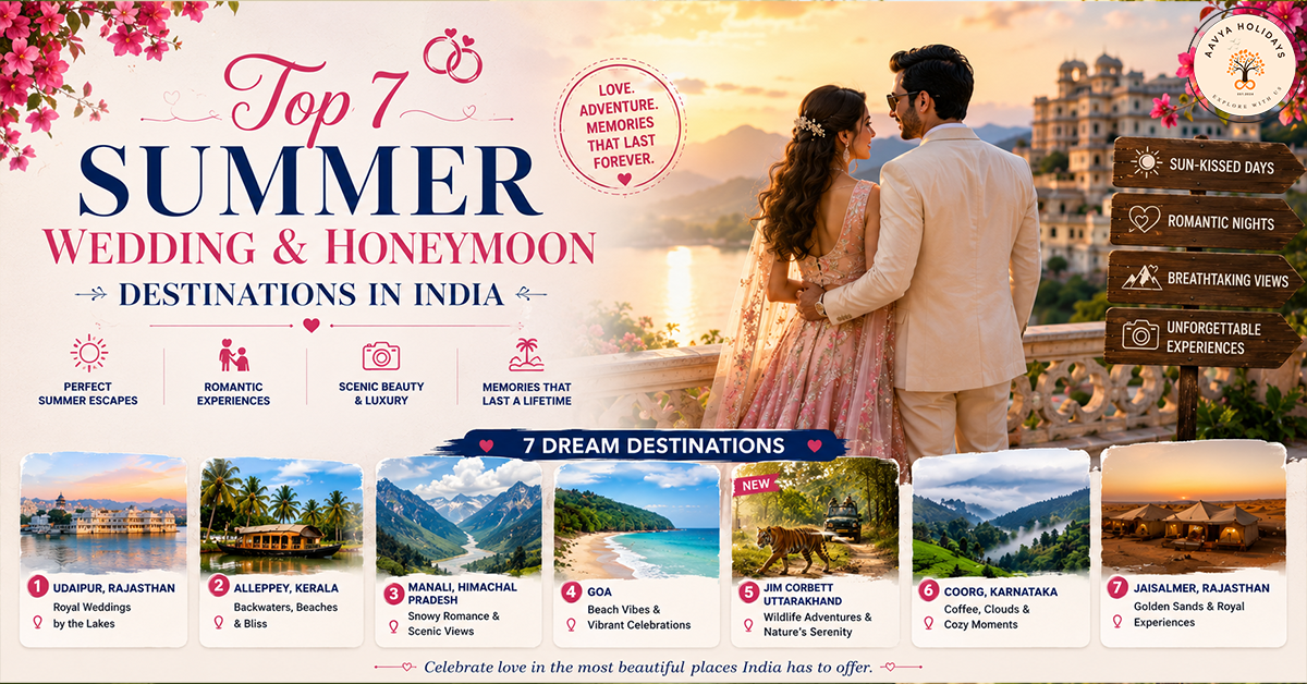 Travel infographic of 7 dream wedding and honeymoon destinations in India with a romantic couple and scenic views of lakes, mountains, and beaches.