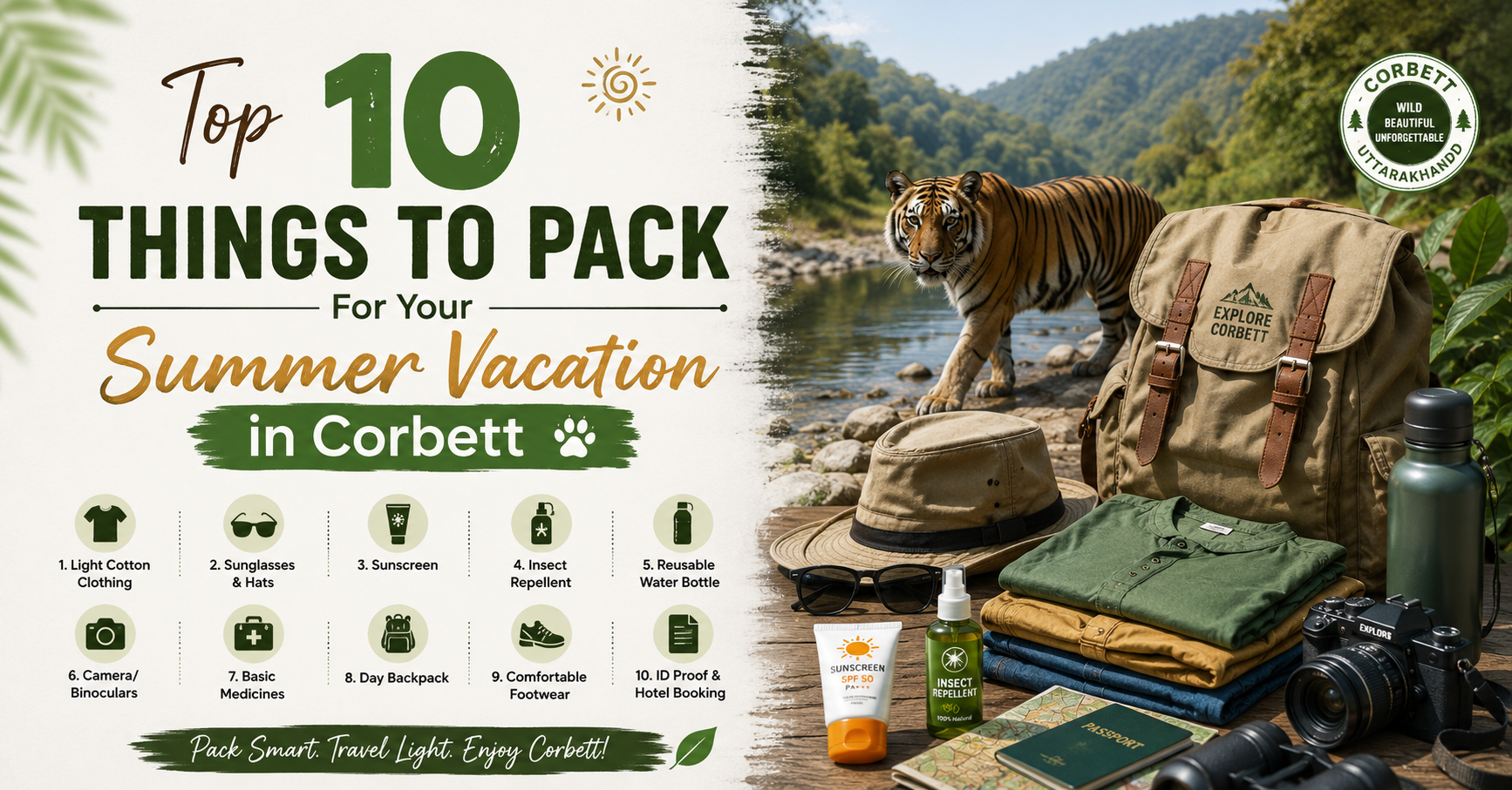 Jim Corbett National Park summer packing list. Essential travel gear including binoculars, insect repellent, and comfortable footwear for a wildlife safari in Uttarakhand.