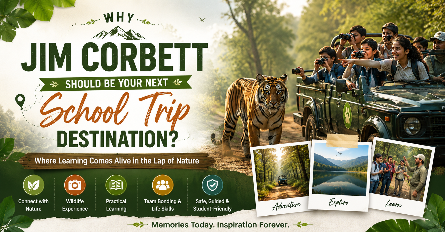 Travel banner titled "Why Jim Corbett Should Be Your Next School Trip Destination?" featuring school students on a jungle safari jeep looking through binoculars at a Bengal tiger, with Polaroid-style photos highlighting adventure, exploration, and learning.