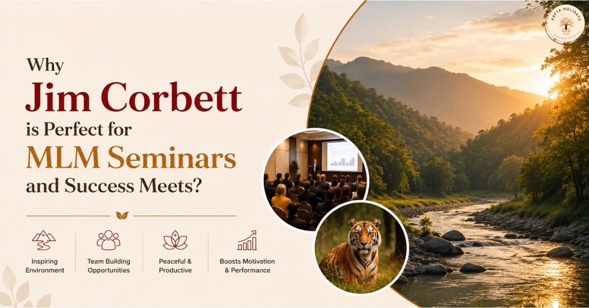 Banner highlighting why Jim Corbett is ideal for MLM seminars and success meets, featuring a river landscape, tiger, and meeting.
