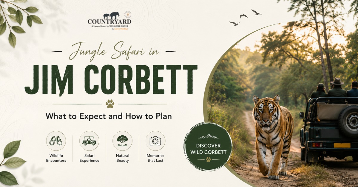 Guide on what to expect for a Jungle Safari in Jim Corbett. Features tourists in a jeep watching a majestic tiger on a dirt path.