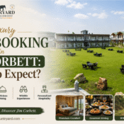 Countryard guide on what to expect for luxury room booking in Jim Corbett, highlighting a sprawling resort lawn, dining, and wildlife safari.