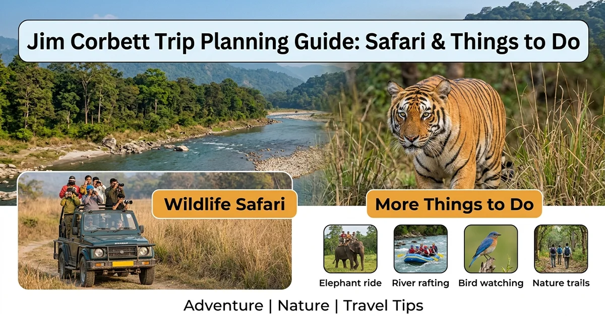 Jim Corbett National Park travel guide showing tiger, jungle safari jeep and adventure activities like rafting and bird watching