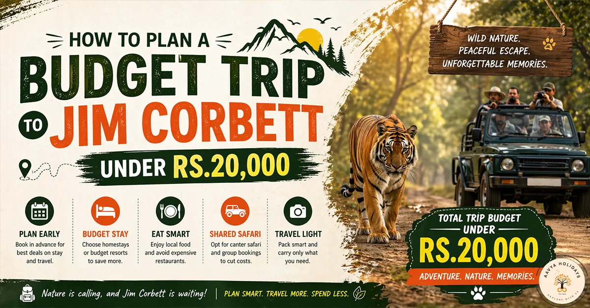 How to plan a budget trip to Jim Corbett under Rs. 20,000. Discover tips for early booking, budget stays, smart eating, shared safari options, and traveling light for an affordable wildlife adventure. Explore the beauty of Jim Corbett on a budget with Aavya Holidays.