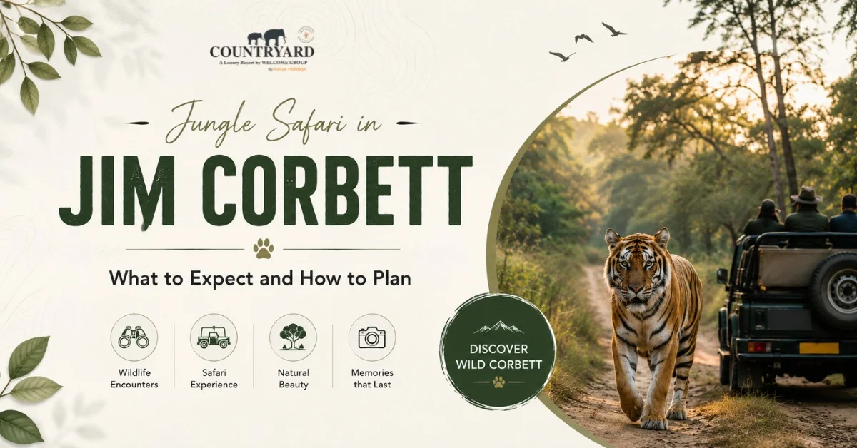 Guide on what to expect for a Jungle Safari in Jim Corbett. Features tourists in a jeep watching a majestic tiger on a dirt path.